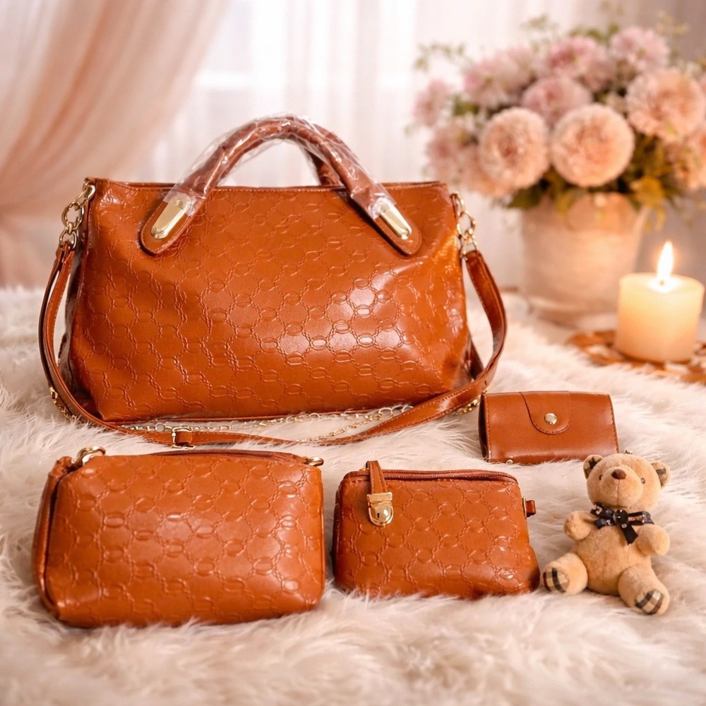 Brown Embossed Vegan Leather 4-Piece Handbag Set with Crossbody Strap and Charm
